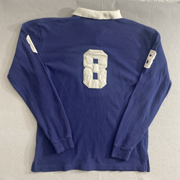 Vintage Polo Ralph Lauren Rugby Shirt Mens L Long Sleeve Blue #8 Crest Flaw* - Picture 3 of 14